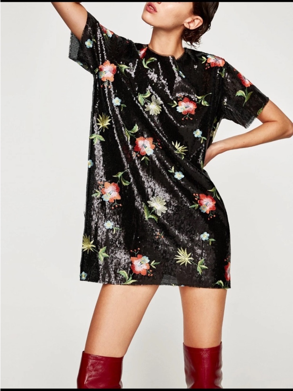 Zara Woman Black Sequin Floral mini dress, Size Small